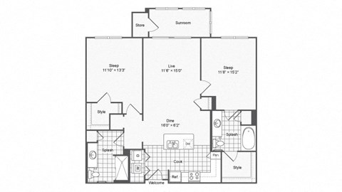 Floor plan for 2 beds, 2 baths, 1131 sqft